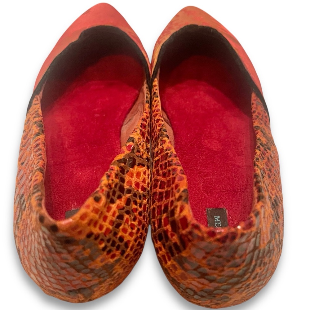 MERE Handcrafted Brocade Contrast Texture Snakeskin Pointed Toe Wood Heel Flats - Picture 10 of 16